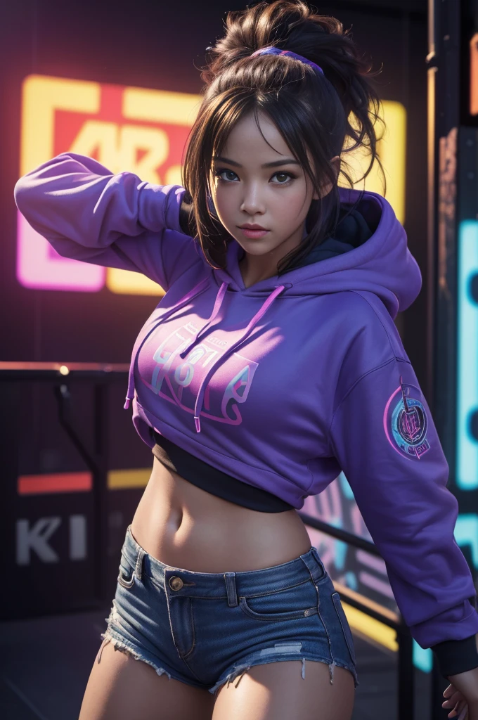 8K, 1girl, beautiful, black bob hairstlye, ((wear orange oversized_hoodie)),((purple sweatpants)), Evening light,Bridgeside,Taking a walk,(purple slacks), look at viewer, (((80's architecture colorful motel))) ,perfect beautiful face,perfect nose,perfect eyes, perfect lips kodak gold 200 fisheye-8mmlens-v2exp ,25 yo cute korean, ((busty perfect body)) perfect face, 35mm film,palm trees, blue sky, sunny summer, los angles vibes (photorealistic:1.2), (ultra realistic:1.3), (very detailed:1.1), ((masterpiece)),