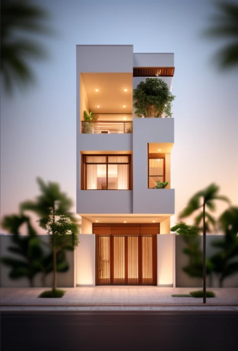 Realistic images, extremely detailed, a modern full white house, steel railling, 4 panel steel gate,1 road in font of house, large yard made by ceramic, (1 car), brick fence, lawn, a few small flowers, a road in front of the house, main materials of the house are white walls and red brick, Modern design, clear blue sky, sunrise light, light from inside, dynamic light,shimering light, cinematic light, romantic feeling, (((day light, warm light)))