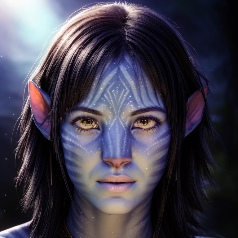 avatar style, portrait:1.6, 1girl, female, (blue skin tone:1.0), (short hair:1.0), one pair of pointy ears:1, pixie cut hairstyle, black hair color, 18 years old:1, face wrinkles, wearing tribal clothing, wearing a top:1, detailed eyes, toned body, glowing, ethereal atmosphere, dreamy lighting, otherworldly beauty, (best quality, highres), ultrarealistic, skin details, striped skin, sfw, ultradetailed body, simple background:1, avtr:1, sitting inside a river, drenched in water:1, wet hair:1