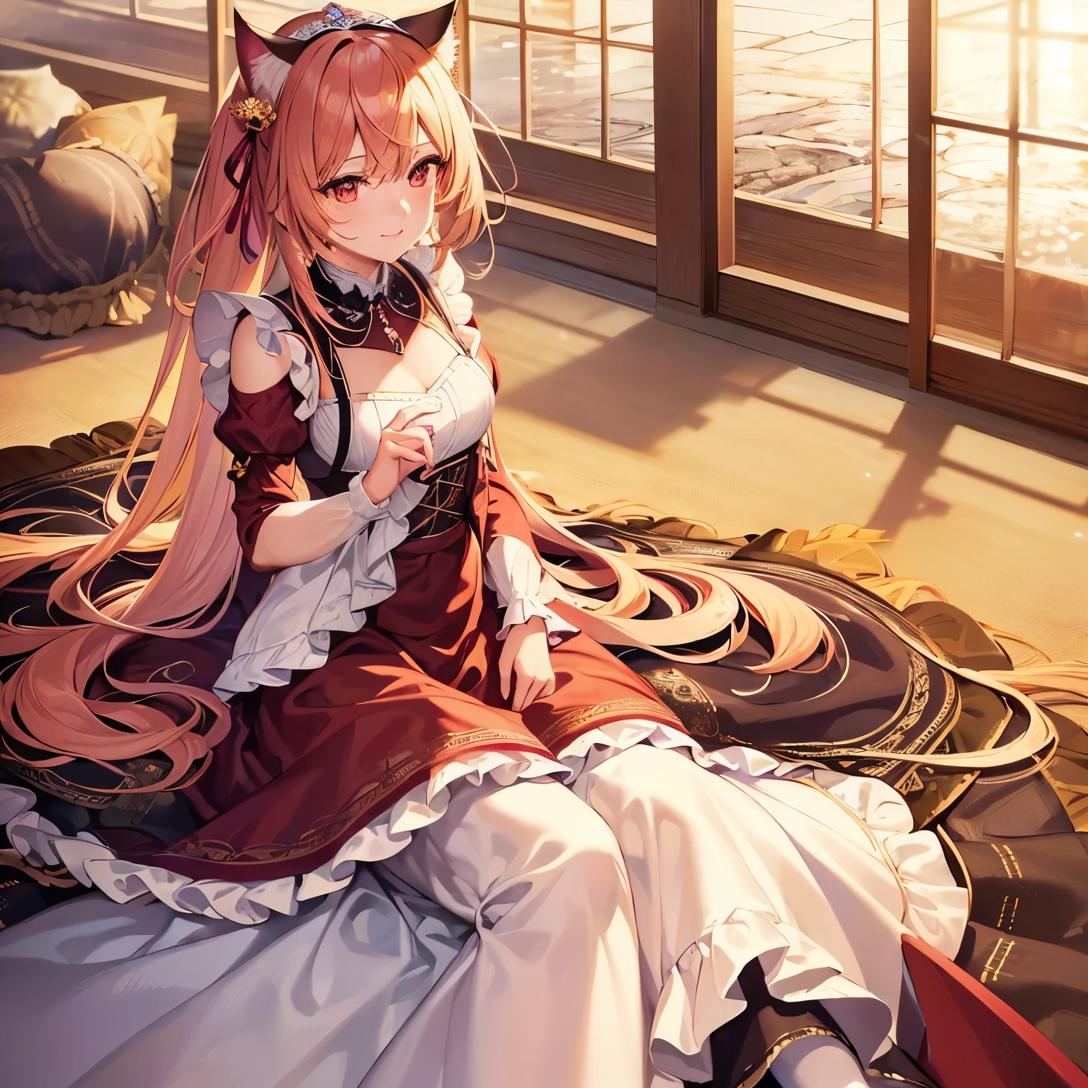(highest quality,4k,High resolution,masterpiece:1.2),Super detailed,(shiny hair:1.4),(ultra-detailed), (best illustration), (best shadow),thin lips,highly detailed face and eyes,long eyelashes,silky smooth skin,1 woman,(long sleeves maid costume),(long skirt:1.4),happy laugh,close eyes,red ponytail hairstyle,have a cymbidium bouquet,beautiful Party Venues background,anime style,cat ears accessory is her head,