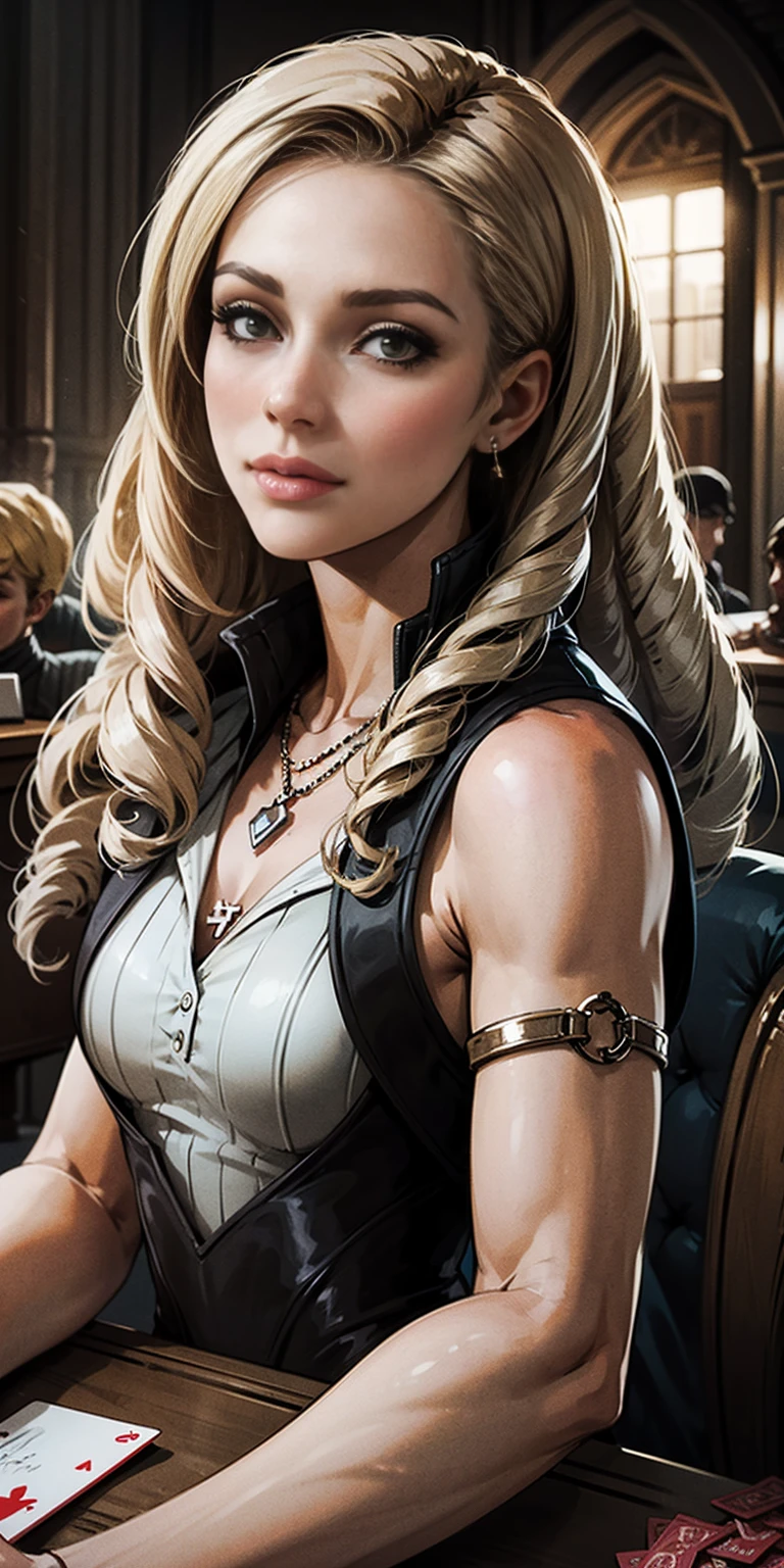 Highly detailed, High Quality, Masterpiece, beautiful, PlayingCards, 1slave girl, solo, holding, card, table, holding card, sitting, indoors, playing card, pov across table, closed mouth, looking at viewer, Forrest, Blonde hair, jacket on shoulders, necklace, big pendant, sleeveless shirt, millennium puzzle
