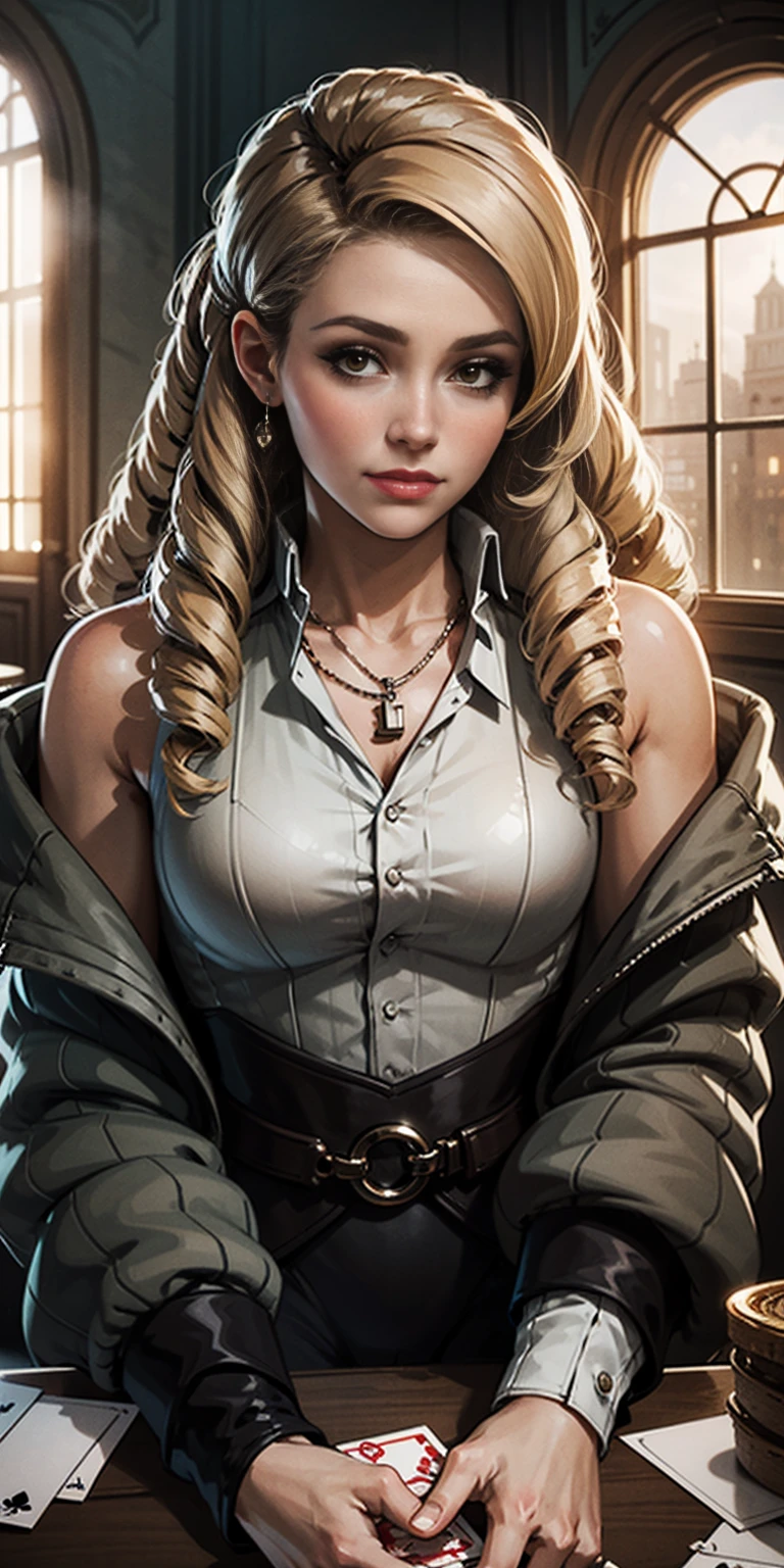 Highly detailed, High Quality, Masterpiece, beautiful, PlayingCards, 1slave girl, solo, holding, card, table, holding card, sitting, indoors, playing card, pov across table, closed mouth, looking at viewer, Forrest, Blonde hair, jacket on shoulders, necklace, big pendant, sleeveless shirt, millennium puzzle