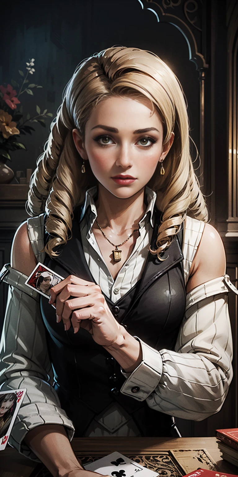 Highly detailed, High Quality, Masterpiece, beautiful, PlayingCards, 1slave girl, solo, holding, card, table, holding card, sitting, indoors, playing card, pov across table, closed mouth, looking at viewer, Forrest, Blonde hair, jacket on shoulders, necklace, big pendant, sleeveless shirt, millennium puzzle
