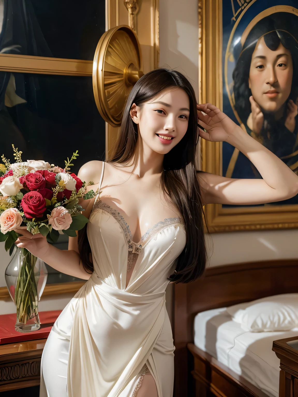 Geometry,astronault,quantum mechanics,Math,Astronomical machinery,astronault.Roses in a vase.fruits,Colossal tits,A smile.Ancient Greek costumes,Paintings by Sandro Botticelli。Costume with stretched shoulders,huge smile,Chiaroscuro of Caravaggio,Cute smile, Expression of ecstasy,A sexy