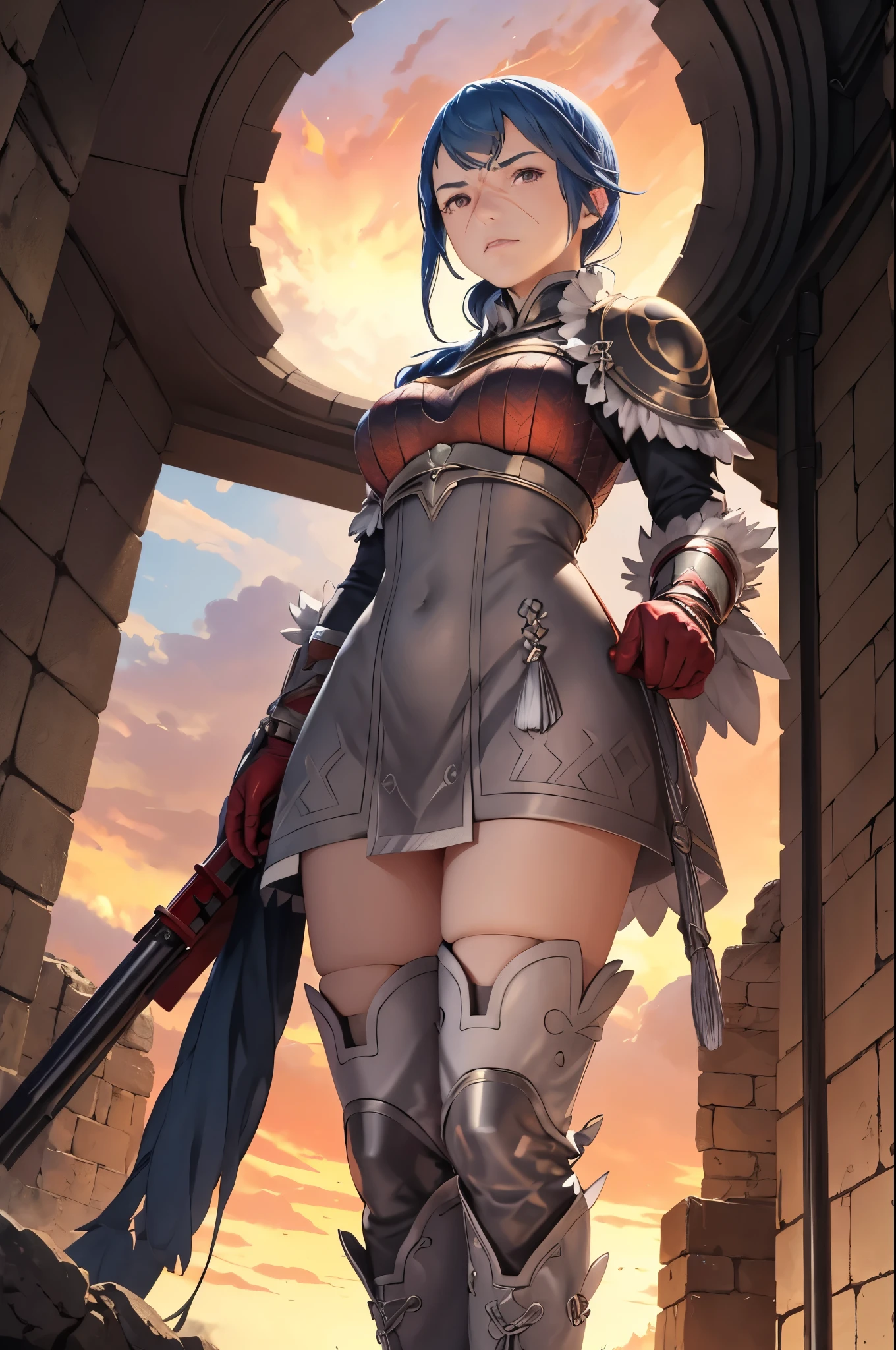 masterpiece, best quality, fereina, scar on face, armor, short dress, gloves, thigh boots, standing, (from below:1.3), serious, furrowed brow, shaded face, red sky, fire, field, looking at viewer, pov 