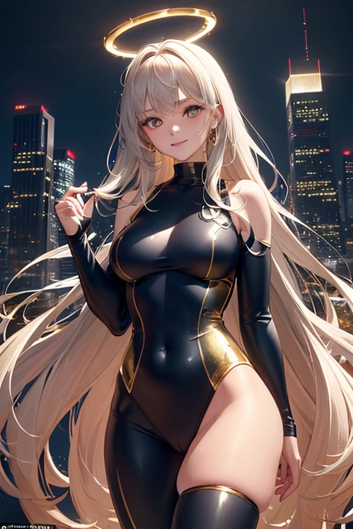 (Masterpiece: 1.5, best quality, high resolution: 1.3, super resolution, super detailed, ultra detailed: 1.3, rich background: 1.2, 1 woman)) pale skin + reddish hair + fluffy curly hair + amber eyes + long eyelashes + female body + medium chestb+ wide hips + thick thighs (neoprene suit with spider web designs, has a neckline on the chest with a golden gem embedded in it, Golden halo behind her head, She has halos of golden light on her wrists) ((smiles , raised in the air, city in the background illuminated by lights, golden light from halos in gold)) (colors for clothing and accessories: white, gold, navy blue, silver)