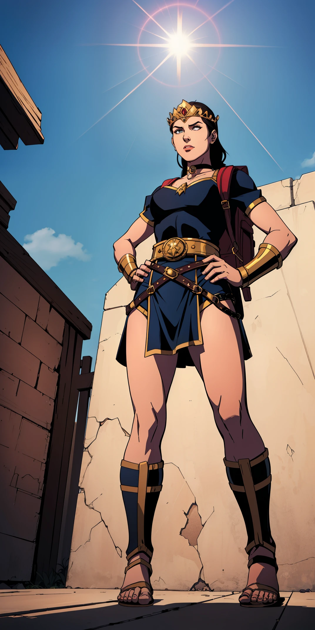 full body, whole body. 1solo (girl). slave fighter, loincloth standing, hands on hips full body, whole body. 1solo (girl). slave fighter, loincloth standing, hands on hips, metal sandals, backpack, choker, big belt, view from below, feet together, bracers, tiara