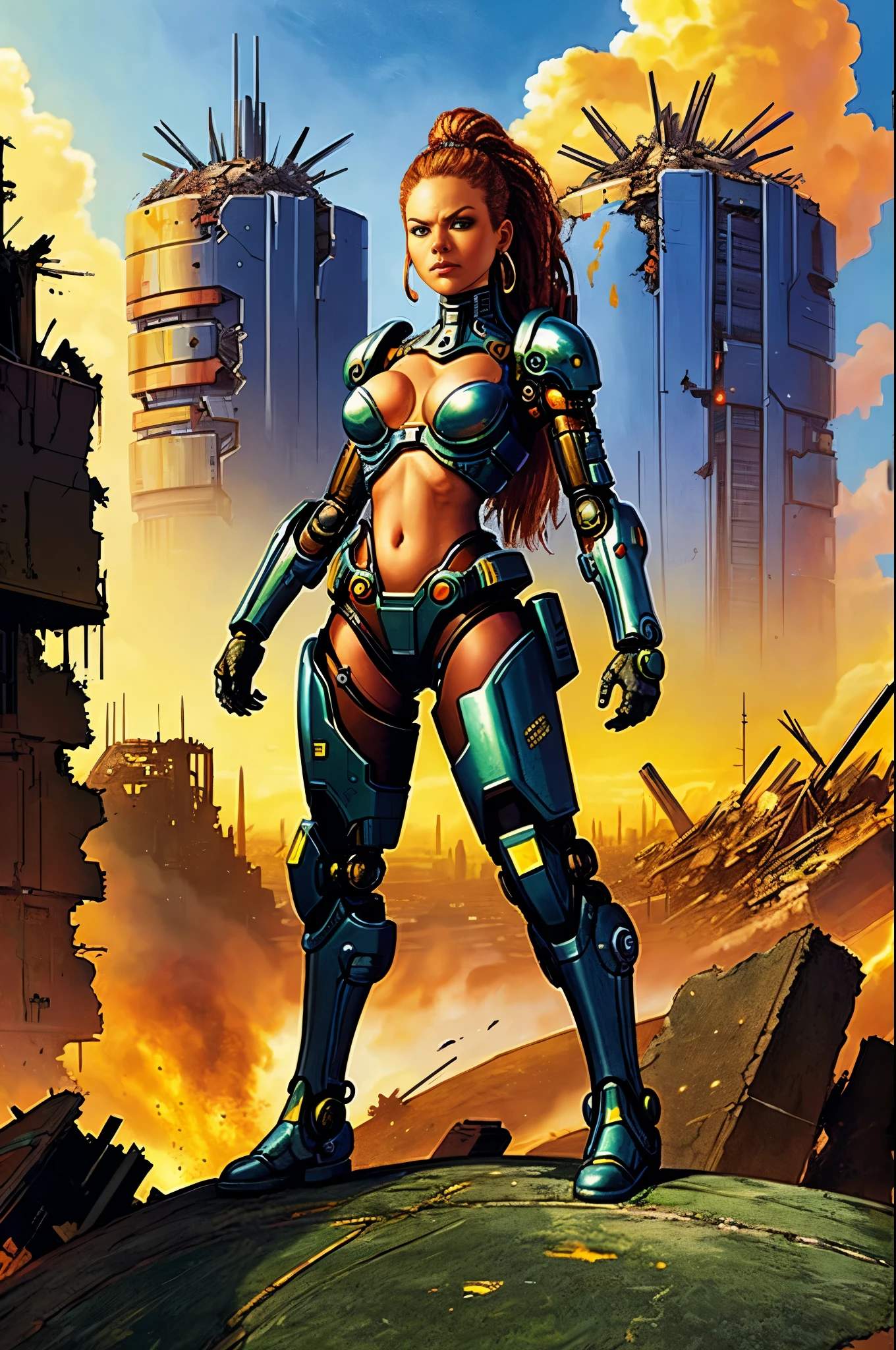 A highly detailed Cyborg, arms crossed in front of a destroyed city, sporting futuristic details on her bionic body.