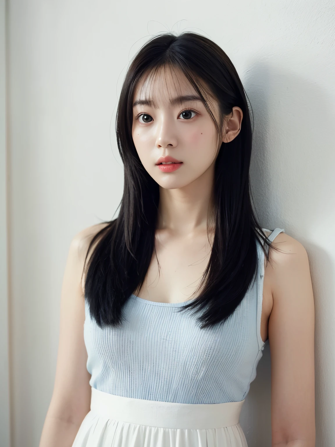 ee-through tops、巨乳、(背景にwhite wall、Part of her hair is sky blue:1.4)、white wall、Taken in front of the white door、(窓のあるwhite wallの部屋)、((highest quality、8K、masterpiece:1.3))、ultra high resolution、(photorealistic:1.4)、raw photos、Japanese,(details face)、real、Shot in natural light、Highly detailed face and skin texture、highly detailed lips、correct state of the human body、medium hair、black hair、various poses、natural color lip