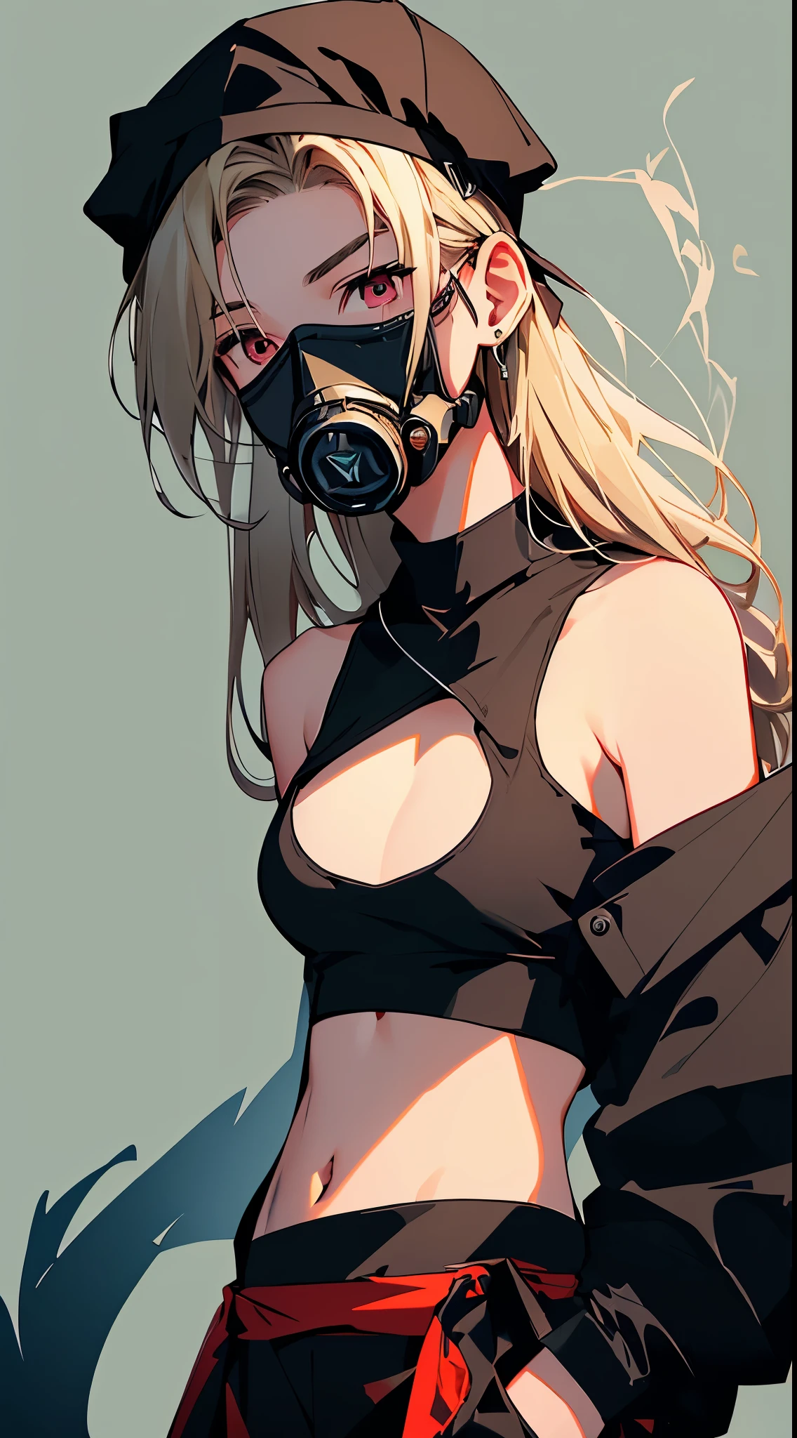 top-quality、Top image quality、​masterpiece、girl with((18year old、Blue navel tank top、Military pants、Best Bust、Bust 90、Blonde Away Tail、Red Eyes、open chest wide、Valley、Happiness、A slender、ssmile、black bandana、Hold a revolver、Survival Suit,gas masks)）hiquality、Beautiful Art、Background with((Survival Games、Burning smoke))、masutepiece、Elaborate design、visualart、