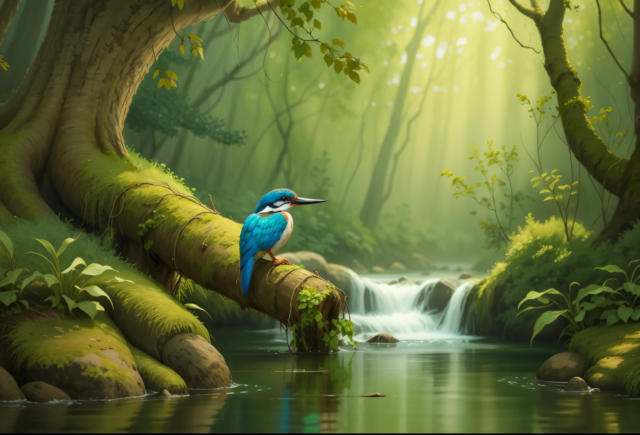 painting of a kingfisher bird perched on a tree branch in a river, trees in background, sunlight through canopy, beautiful digital painting, high quality digital painting, hd digital painting, gorgeous digital painting, stunning digital painting, elegant digital painting, adorable digital painting, digital painting highly detailed, 4k digital painting, 4 k digital painting, very beautiful digital art, airbrush digital oil painting, beautiful art uhd 4 k