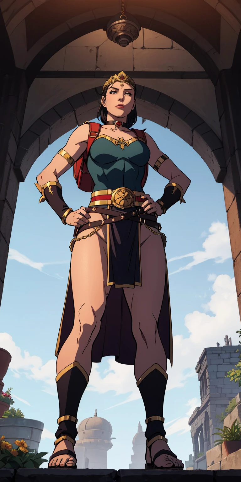 full body, whole body. 1solo (girl). slave fighter, loincloth standing, hands on  full body, whole body. 1solo (girl). slave fighter, loincloth standing, hands on , metal sandals, backpack, choker, big belt, view from below, feet together, bracers, tiara
