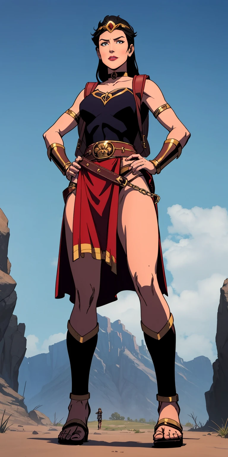full body, whole body. 1solo (girl). slave fighter, loincloth standing, hands on hips full body, whole body. 1solo (girl). slave fighter, loincloth standing, hands on hips, metal sandals, backpack, choker, big belt, view from below, feet together, bracers, tiara