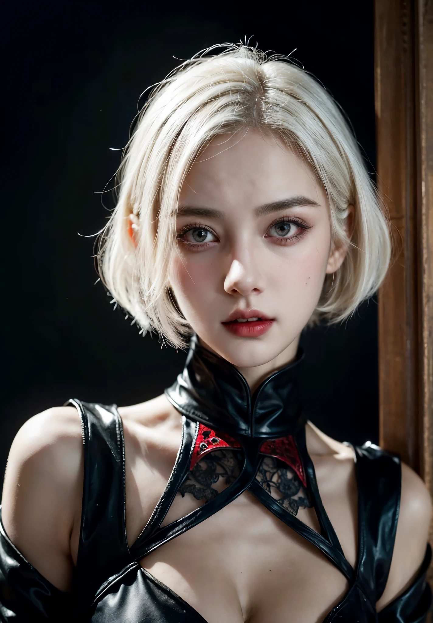 A portait girl with lovely and sweet face, medium short white hair, looking at camera, red eyes, wearing gothic outfits, studio portrait, vampire looks, menacing.