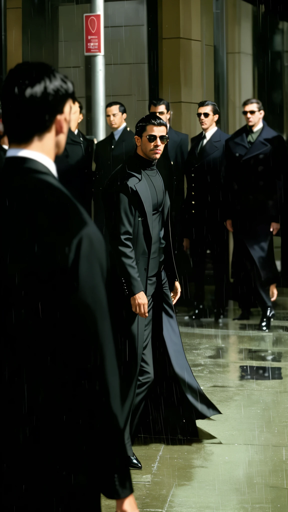 faaris azura in black coat, a close up of faaris azura in a black coat and sunglasses walking in the rain, faaris azura in movie still from the matrix, faaris azura  from the matrix, still from the matrix (1999), faaris azura from matrix, faaris azura