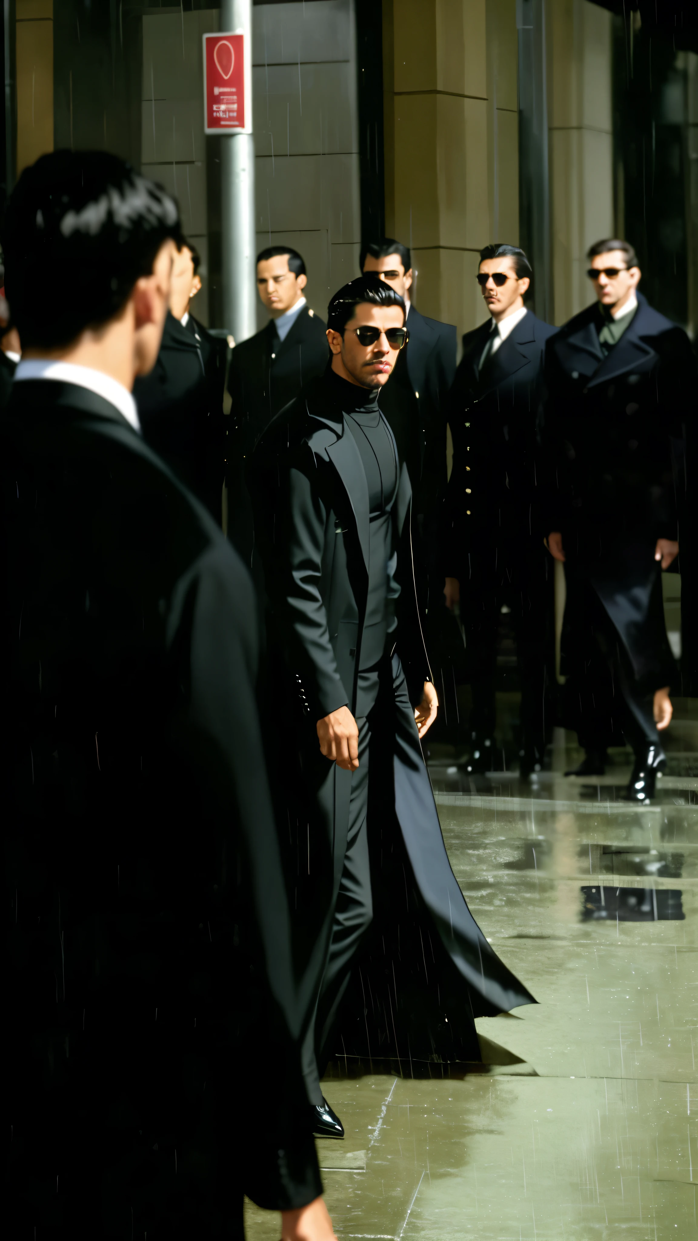 faaris azura in black coat, a close up of faaris azura in a black coat and sunglasses walking in the rain, faaris azura in movie still from the matrix, faaris azura  from the matrix, still from the matrix (1999), faaris azura from matrix, faaris azura