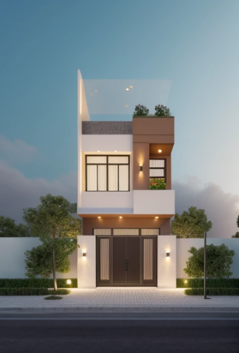 Realistic images, extremely detailed, a modern house, 1 road in font of house, large yard made by ceramic, (1 car), brick fence, lawn, a few small flowers, a road in front of the house, main materials of the house are white walls and red brick, Modern design, clear blue sky, sunrise light, light from inside, dynamic light,shimering light, cinematic light, romantic feeling, (((day light, warm light)))