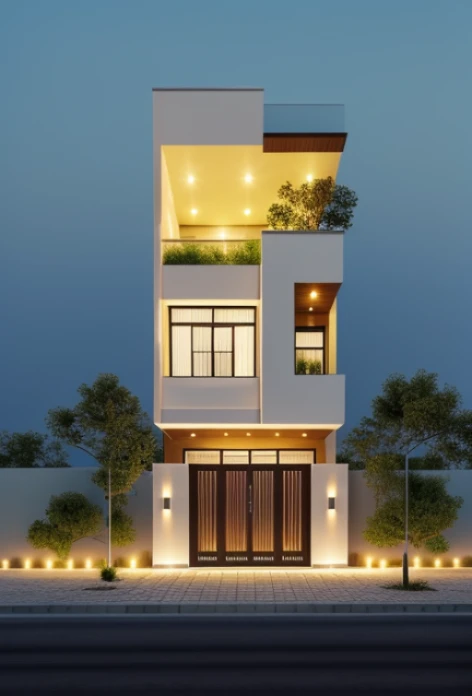 Realistic images, extremely detailed, a modern house, 1 road in font of house, large yard made by ceramic, (1 car), brick fence, lawn, a few small flowers, a road in front of the house, main materials of the house are white walls and red brick, Modern design, clear blue sky, sunrise light, light from inside, dynamic light,shimering light, cinematic light, romantic feeling, (((day light, warm light)))