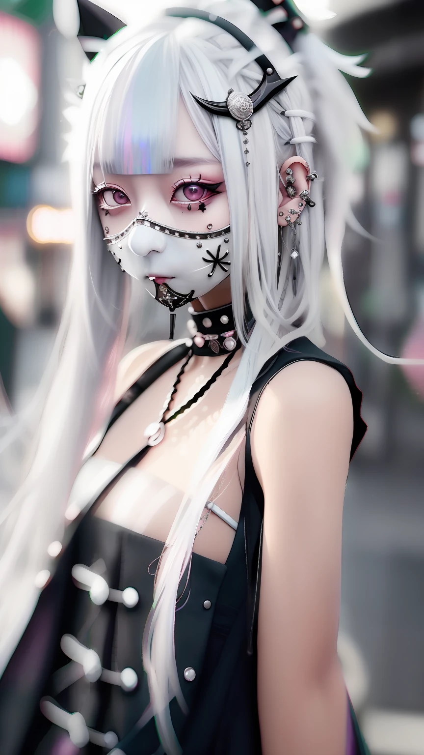 eye glass、Lunette de soleil、piercings、Forehead、Blunt bangs、Eyebrows are visible、The bikini、goth_punk, 1girl in, 独奏, medium shot, Walking in Harajuku, ((during night)), bokeh dof, Neon light, Iridescent eyes, starrysky, White shiny hair, White eyebrows, Radiant hair, (iridescent white hair), 耳环, bangss, jewely, masks, bluntbangs, verd s eyes, Mouth mask, blurry backround, bblurry, hair adornments, Look at viewers, shorth hair, portraitures, side locks