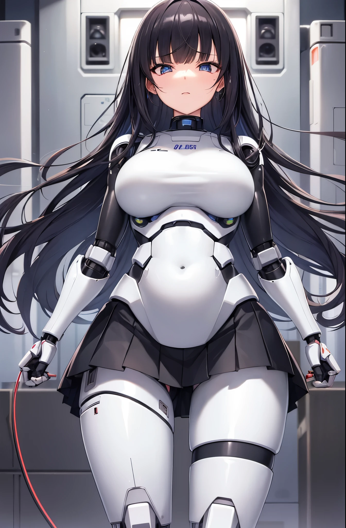 masutepiece, Best Quality, Extremely detailed,  (8K, 4K, Best Quality, hight resolution, 超A high resolution:1.1),  1girl in, Japaese Cyborg highschool Girl,Plump ,Navy Pleated Mini Skirt,Black tights,control panels,android,Droid,Mechanical Hand, ,Robot arms and legs, Black Robot Parts,Black hair,Mechanical body,Blunt bangs,White abdomen,White Robotics Parts,perfect robot woman,The laboratory of the future,cyberpunked,Charging spot,android factory,Robot Factory,cyborg factory,Long Tube,A thick cable connects her neck,ceramic body ,complete eyes,Striking eyes,Mechanical body,android,robot humanoid,japanese school girl uniform,tie,perfect robot girl