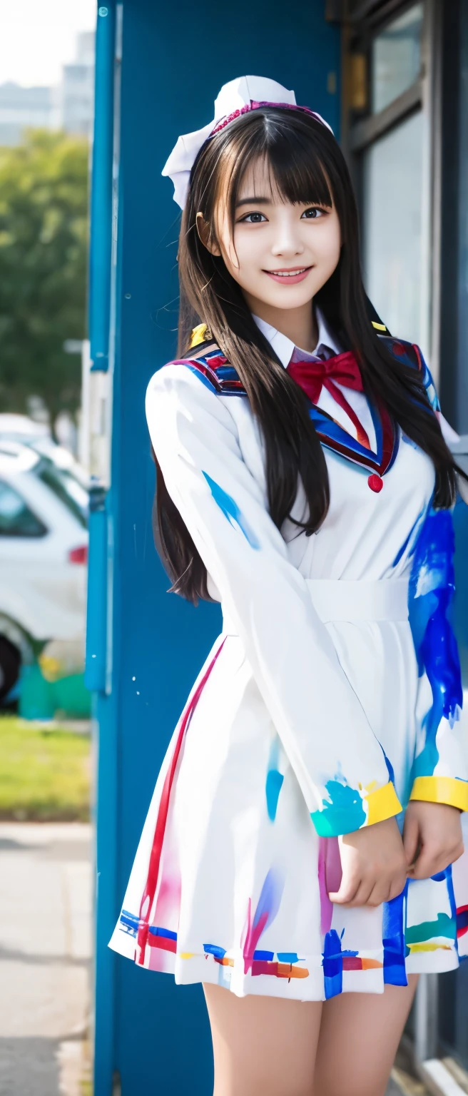 High school girl idol covered in paint、Full body Esbian、uniform covered in paint、、Colorful hair