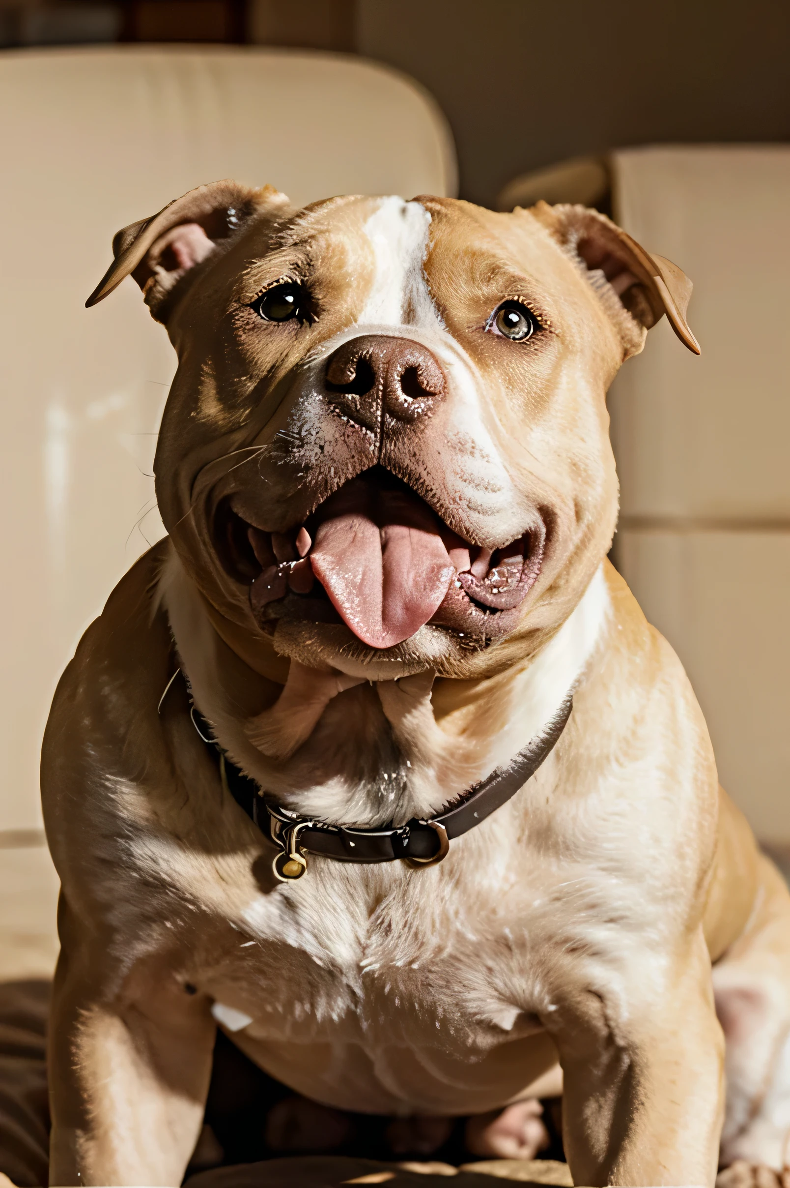 A pit bull,Sleek body,Large only,Yellow-white skin,Wrinkles are noticeable,Sticking out tongue,Expose the entire body,comical style