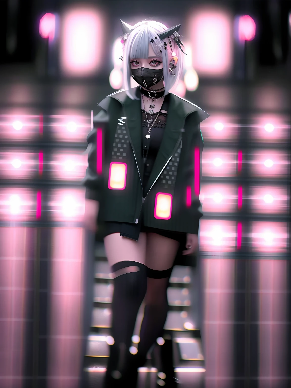 goth_punk, 1girl, solo, medium shot, walking in harajuku, ((night time)), bokeh, neon light, iridescent eyes, starry sky, white shimmer hair, white eyebrow, glowing hair, (iridescent white hair), earrings, bangs, jewelry, mask, blunt bangs, green eyes, mouth mask, blurry background, blurry, hair ornament, looking at viewer, short hair, portrait, sidelocks