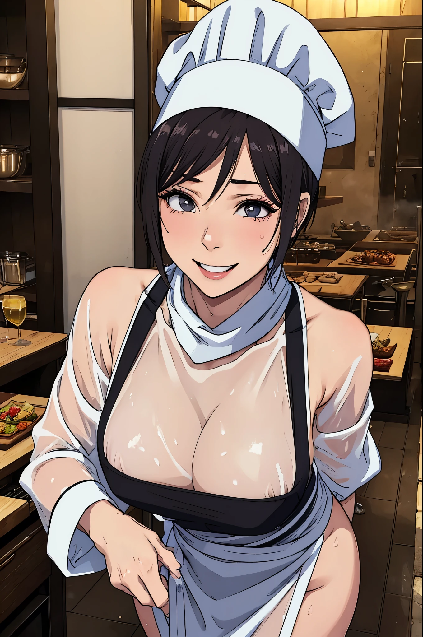 ((vulgar)),japanese sexual addiction 47-year-old slender build slutty milf chef,Sweaty skin,see-through white Chef's uniform,chef's hat,scarf,Short hair,,orgasm,pussy juice,smile shyly,big breasts,steam,restaurant kitchens