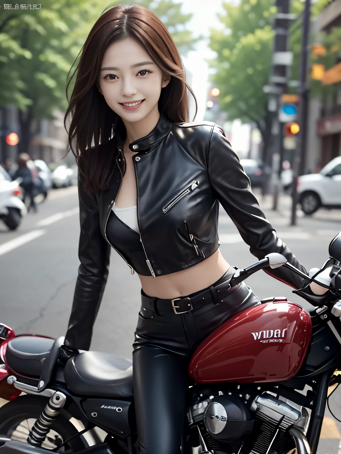 Crisp and clear images、photo of a woman wearing leather pants、smile、Detailed motorcycle and adult woman