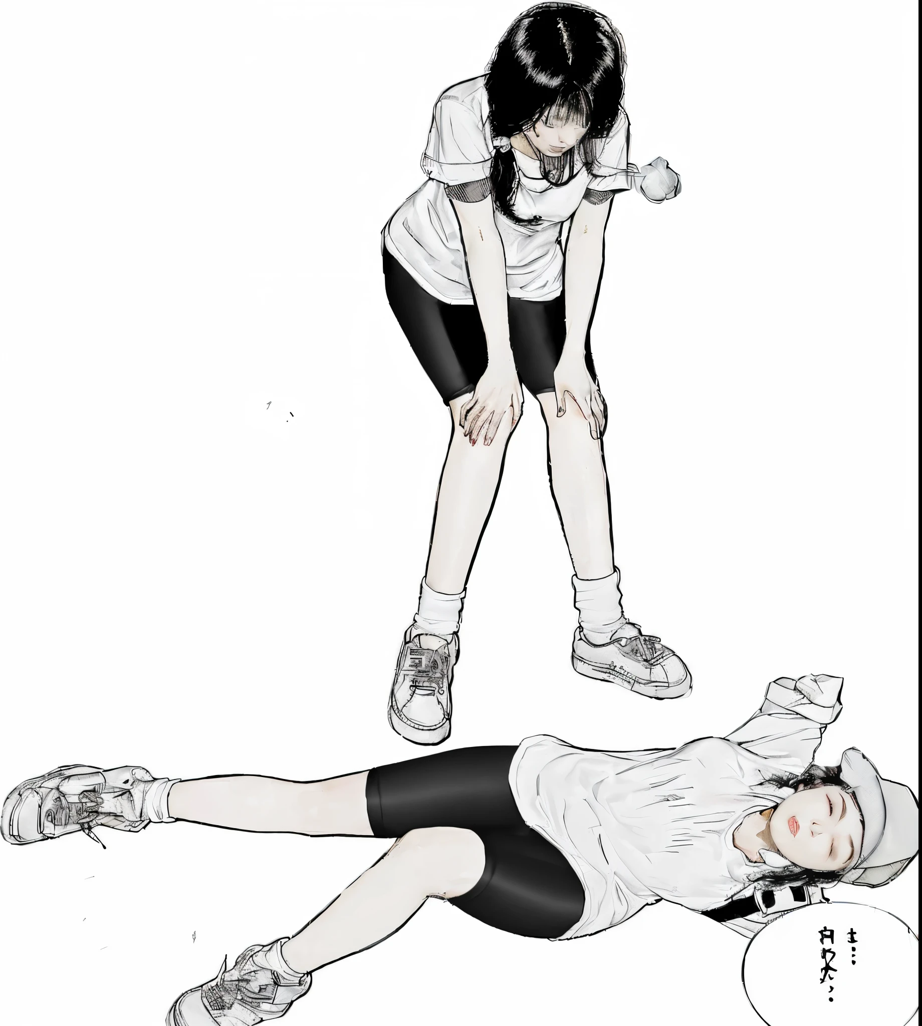 A woman lying down with her eyes closed,white t-shirt,Tired girl,black spats,short socks