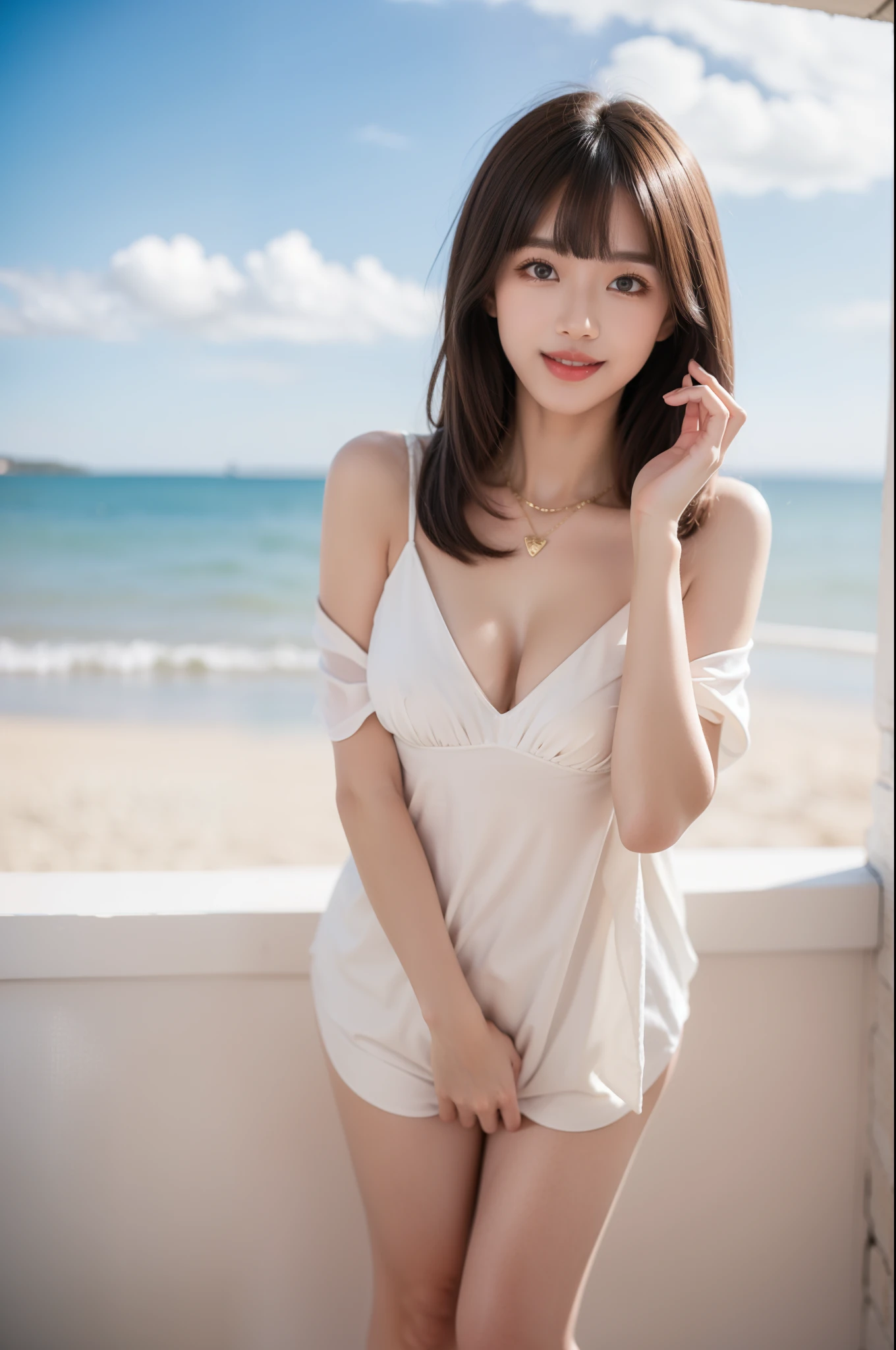 ((full body)), (Shot from a random perspective), (medium shot), detailed, dense, masterpiece, a girl, beautiful, outdoor, seaside, Blue sky and white clouds, sea, elegant posture, Attractive pose, sexy, sexy的双腿, brown hair, 22 years old, smooth skin, glowing skin, glowing hair, clear eyes, glowing eyes, brown eyes, Soft lips, pale pink lips, smile slightly, Shy, open mouth, Bangs, big breasts, glowing skin, Warm colors, Color saturation, Simple gold necklace, Diamond necklace, (masterpiece: 1.0), (actual: 1.6), (soft focus: 1.5)