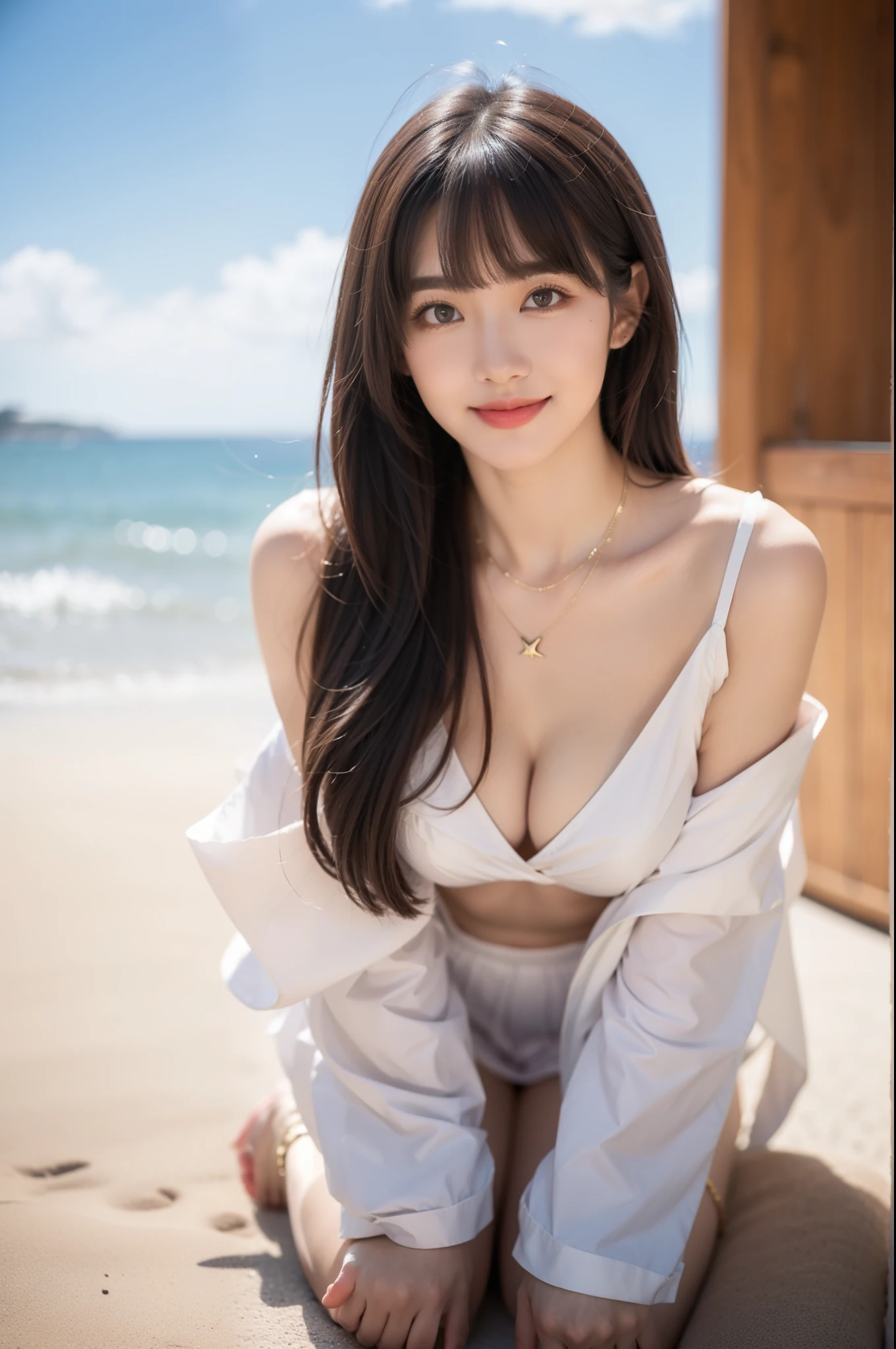 ((full body)), (Shot from a random perspective), (medium shot), detailed, dense, masterpiece, a girl, beautiful, outdoor, seaside, Blue sky and white clouds, sea, elegant posture, Attractive pose, sexy, sexy的双腿, brown hair, 22 years old, smooth skin, glowing skin, glowing hair, clear eyes, glowing eyes, brown eyes, Soft lips, pale pink lips, smile slightly, Shy, open mouth, Bangs, big breasts, glowing skin, Warm colors, Color saturation, Simple gold necklace, Diamond necklace, (masterpiece: 1.0), (actual: 1.6), (soft focus: 1.5)