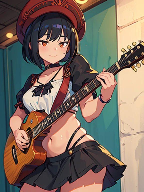 Ultra Best Quality, Ultra High Res, Ultra Detailed, anime style, the essence of a beautiful female bard with meticulous attention to detail, Gypsy black woman with colored hair holding a guitar, fingers gracefully strumming a lute, Her black hair shimmers beneath a charming red hat, plump ass, big ass, wide hips, curvy, orange eyes, short hair, layered bob cut, cowboy shot, front view, cute smile, sexy, slut, erotic, solo focus, acoustic guitar, lute, wearing side mesh lace up bodycon skirt , standing in tavern, wedgie, G-string, Tanga, very tiny thong, Dungeons & Dragons