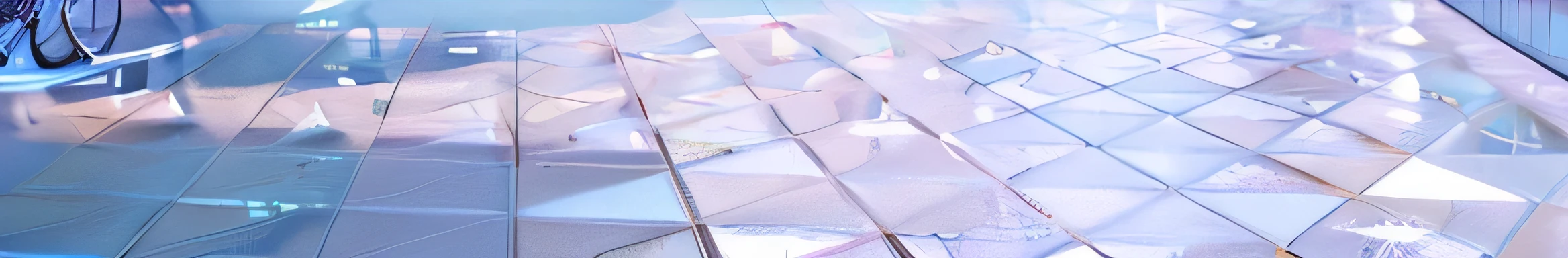 there is a person riding a bike on a tiled walkway, translucent pastel panels, wet reflective tile floor, panels, soft opalescent membranes, semi-transparent, translucent, soft iridescent membranes, transparent, pearlescent skin, transparent glass surfaces, shiny reflective surfaces, translucent material, reflective floor, transparent skin, highly reflective surface