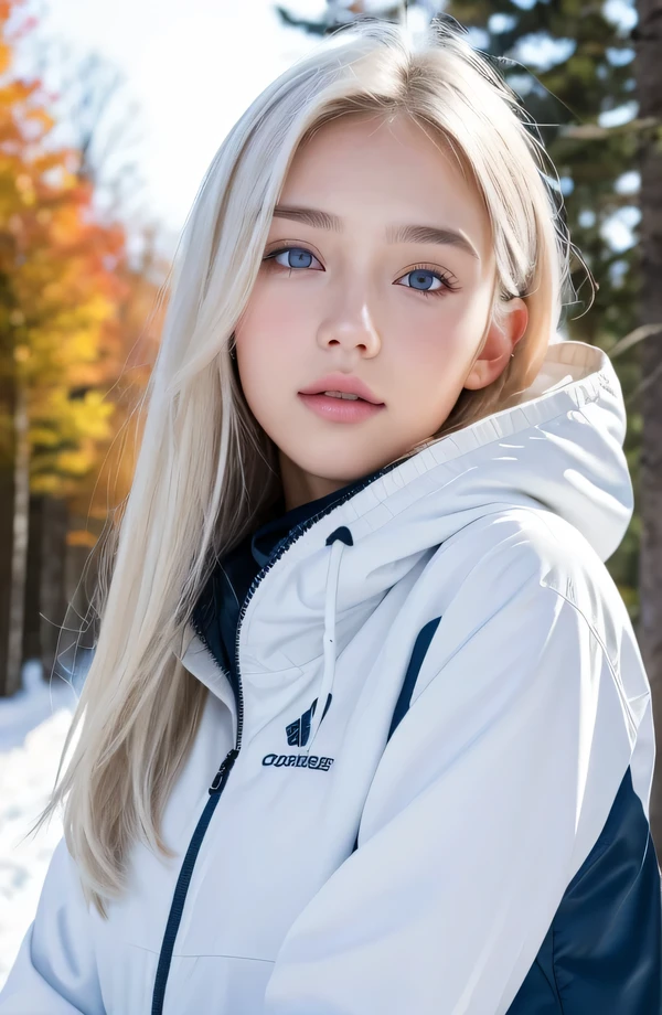 １４Caucasian model at the age, standing full body photo,（(Clean clothes)), wearing snowboarding clothes, Natural light, Pretty Caucasian Woman, white hair, A sloppy smile, (8K, Live shooting, highest quality, masterpiece: 1.2), masterpiece, super detail, , High-definition RAW color photo, , , , , , highly detailed eyes, realistic skin texture, highly detailed fingers, very detailed nose, highly detailed mouth, , Photo above the knee, , See-through feeling、Transparent processing、Wearing snowboarding clothing、, White hair, Blue eyes, masterpiece, realistic skin texture, , shiny hair and white skin, 、 natural skin texture,  A young woman who looks like a girl,  Photo above the knee、Blue eyes,  、lowered eyebrows,  innocent face,  Eyes that look gentle,  natural skin texture, round face,  Kind eyes, long and pure white beautiful hair、, small face,  No decorations attached,  white, drooping eyebrows,  Mont Blanc, white, drooping eyebrows、Eyes with sparkle、Both eyes are the same shape and size