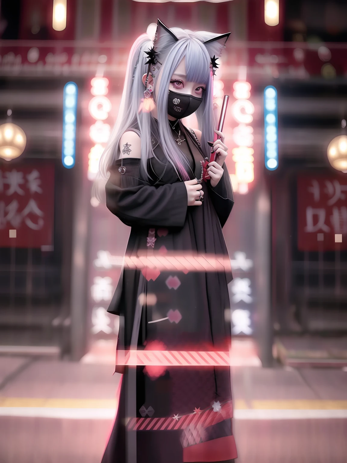 full bodyesbian、fullllbody、Red、Red-haired、goth_punk, 1girl in, 独奏, medium shot, Walking in Harajuku, ((during night)), bokeh dof, Neon light, Iridescent eyes, starrysky, red glowing hair, White eyebrows, Radiant hair, (iridescent white hair), 耳环, bangss, jewely, masks, bluntbangs, verd s eyes, Mouth mask, blurry backround, bblurry, hair adornments, Look at viewers, shorth hair, portraitures, side locks