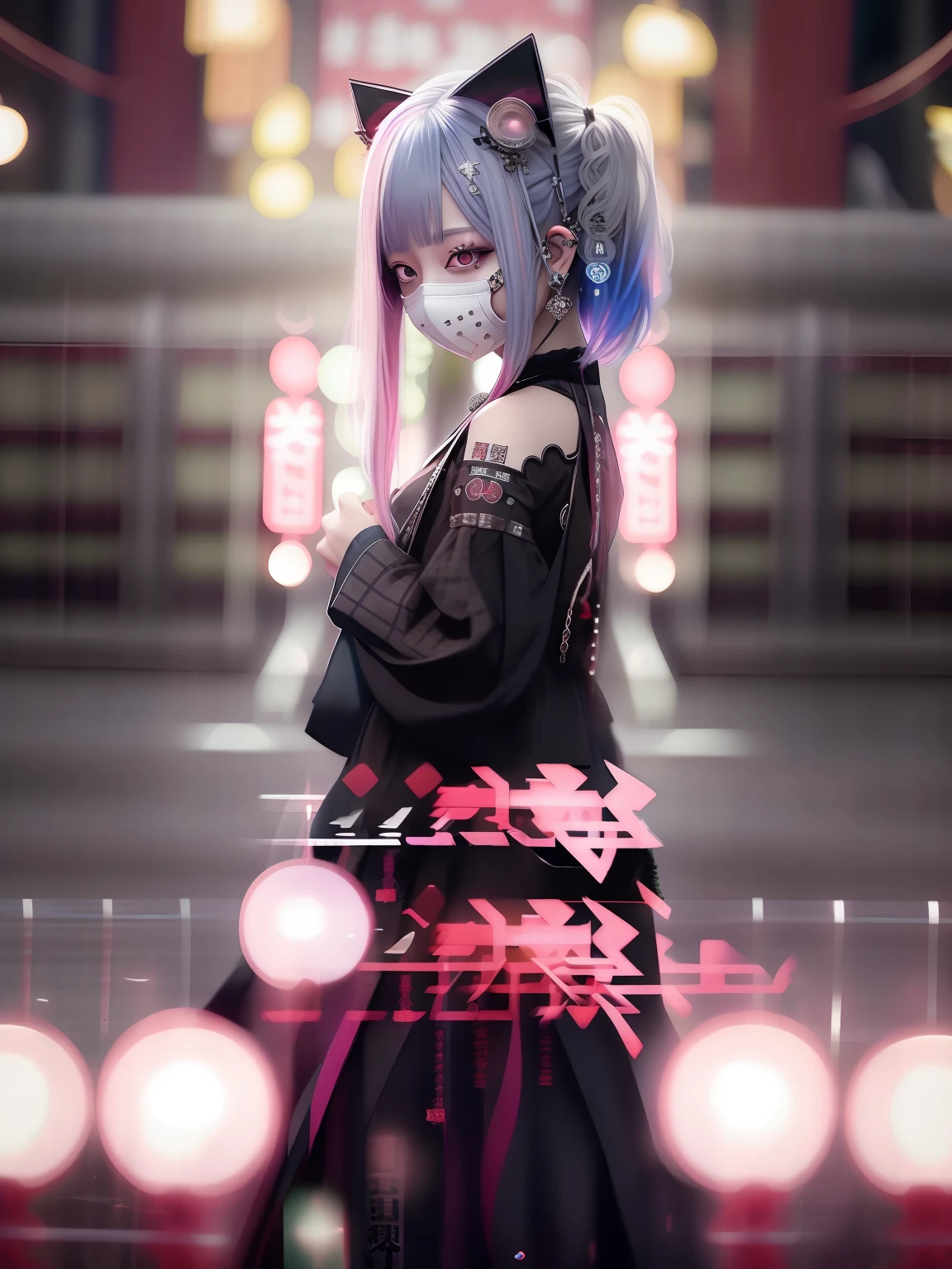 full bodyesbian、fullllbody、Red、Red-haired、goth_punk, 1girl in, 独奏, medium shot, Walking in Harajuku, ((during night)), bokeh dof, Neon light, Iridescent eyes, starrysky, red glowing hair, White eyebrows, Radiant hair, (iridescent white hair), 耳环, bangss, jewely, masks, bluntbangs, verd s eyes, Mouth mask, blurry backround, bblurry, hair adornments, Look at viewers, shorth hair, portraitures, side locks