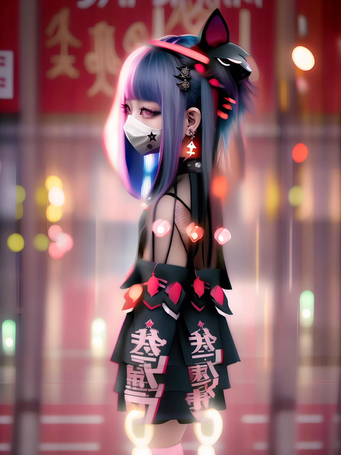 full bodyesbian、fullllbody、Red、Red-haired、goth_punk, 1girl in, 独奏, medium shot, Walking in Harajuku, ((during night)), bokeh dof, Neon light, Iridescent eyes, starrysky, red glowing hair, White eyebrows, Radiant hair, (iridescent white hair), 耳环, bangss, jewely, masks, bluntbangs, verd s eyes, Mouth mask, blurry backround, bblurry, hair adornments, Look at viewers, shorth hair, portraitures, side locks