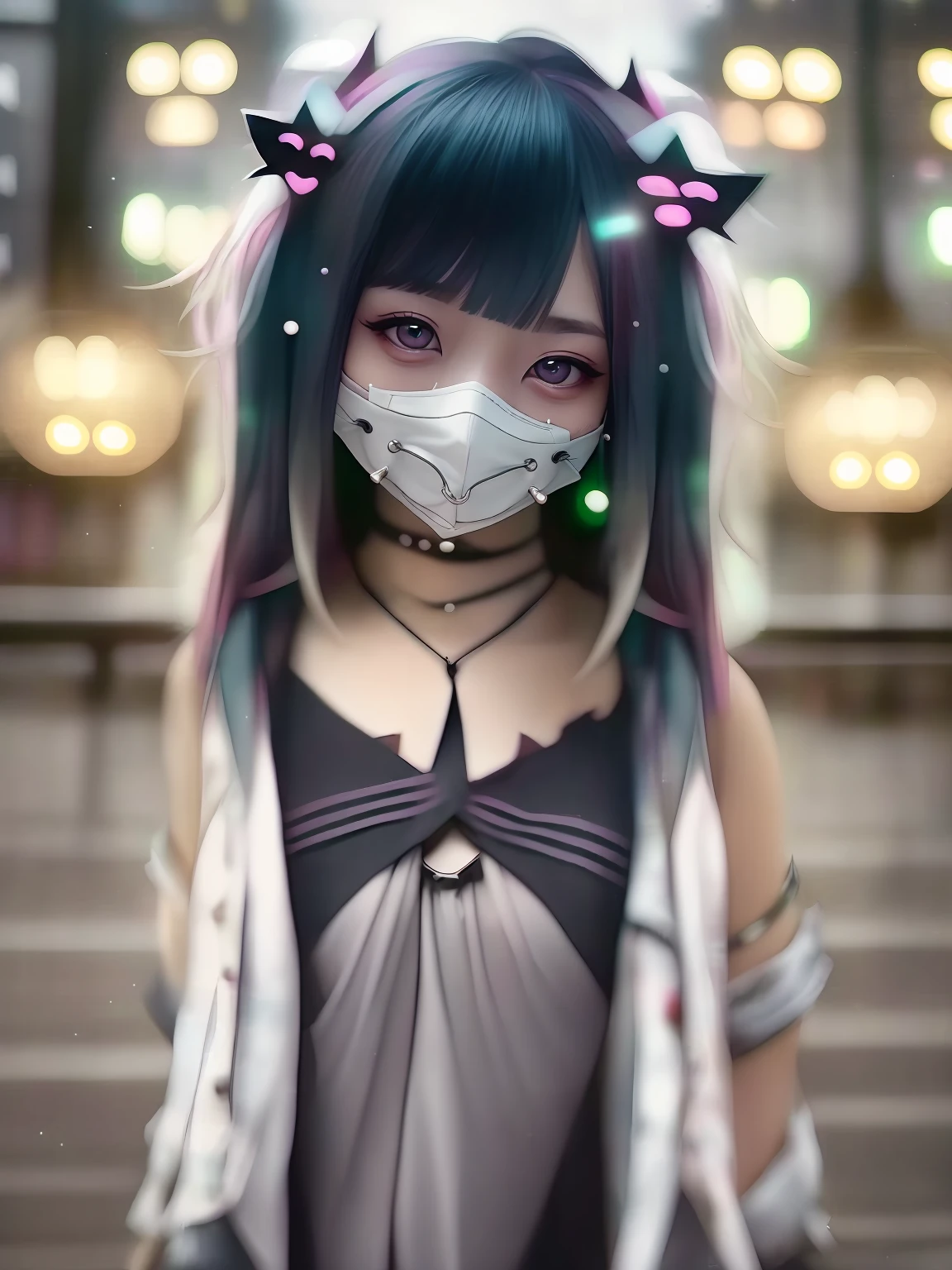 goth_punk, 1girl, solo, medium shot, walking in harajuku, ((night time)), bokeh, neon light, iridescent eyes, starry sky, white shimmer hair, white eyebrow, glowing hair, (iridescent white hair), earrings, bangs, jewelry, mask, blunt bangs, green eyes, mouth mask, blurry background, blurry, hair ornament, looking at viewer, short hair, portrait, sidelocks