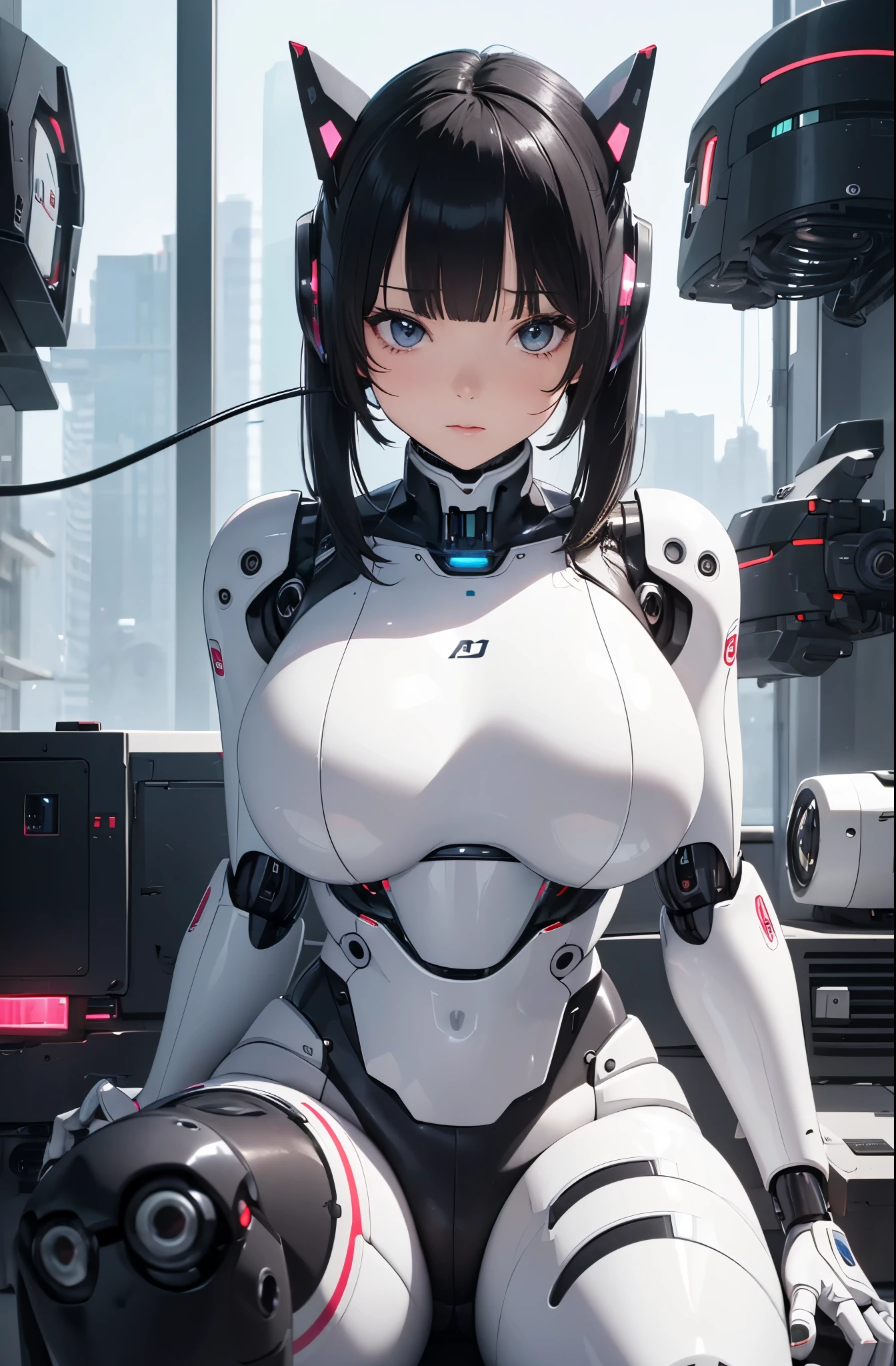 masutepiece, Best Quality, Extremely detailed, (8K, 4K, Best Quality, hight resolution, 超A high resolution:1.1), 8K Portrait, japanese android girl,android teacher,Plump , control panels,android,Droid,Mechanical Hand, ,Robot arms and legs, Black hair,Mechanical body,Blunt bangs,White Robotics Parts,perfect robot woman,Charging spot,Long Tube,A thick cable was connected to his neck.,ceramic body ,android,robot humanoid,Slightly Chubby,pantiy,complete eyes,Perfect machine body,White robot body,plants of the future,White and black uniform,pink accent costume,she repaired,clothes with a sense of mechanical technology,Robot Factory,black sponge joint,leather boots,