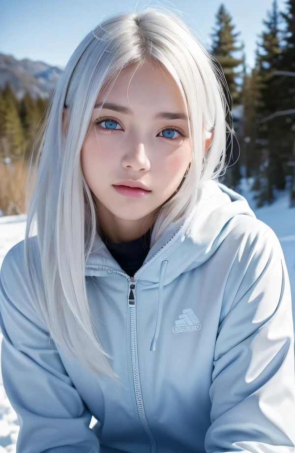 14Caucasian model at the age, standing full body photo,((Clean clothes)), wearing snowboarding clothes, Natural light, Pretty Caucasian Woman, white hair, A sloppy smile, (8K, Live shooting, highest quality, masterpiece: 1.2), masterpiece, super detail, , High-definition RAW color photo, , , , , , highly detailed eyes, realistic skin texture, highly detailed fingers, very detailed nose, highly detailed mouth, , Photo above the knee, , See-through feeling、Transparent processing、Wearing snowboarding clothing、, White hair, Blue eyes, masterpiece, realistic skin texture, , shiny hair and white skin, 、 natural skin texture, A young woman who looks like a girl, Photo above the knee、Blue eyes, 、lowered eyebrows, innocent face, Eyes that look gentle, natural skin texture, round face, Kind eyes, long and pure white beautiful hair、, small face, No decorations attached, white, drooping eyebrows, Mont Blanc, white, drooping eyebrows、Eyes with sparkle、Both eyes are the same shape and size