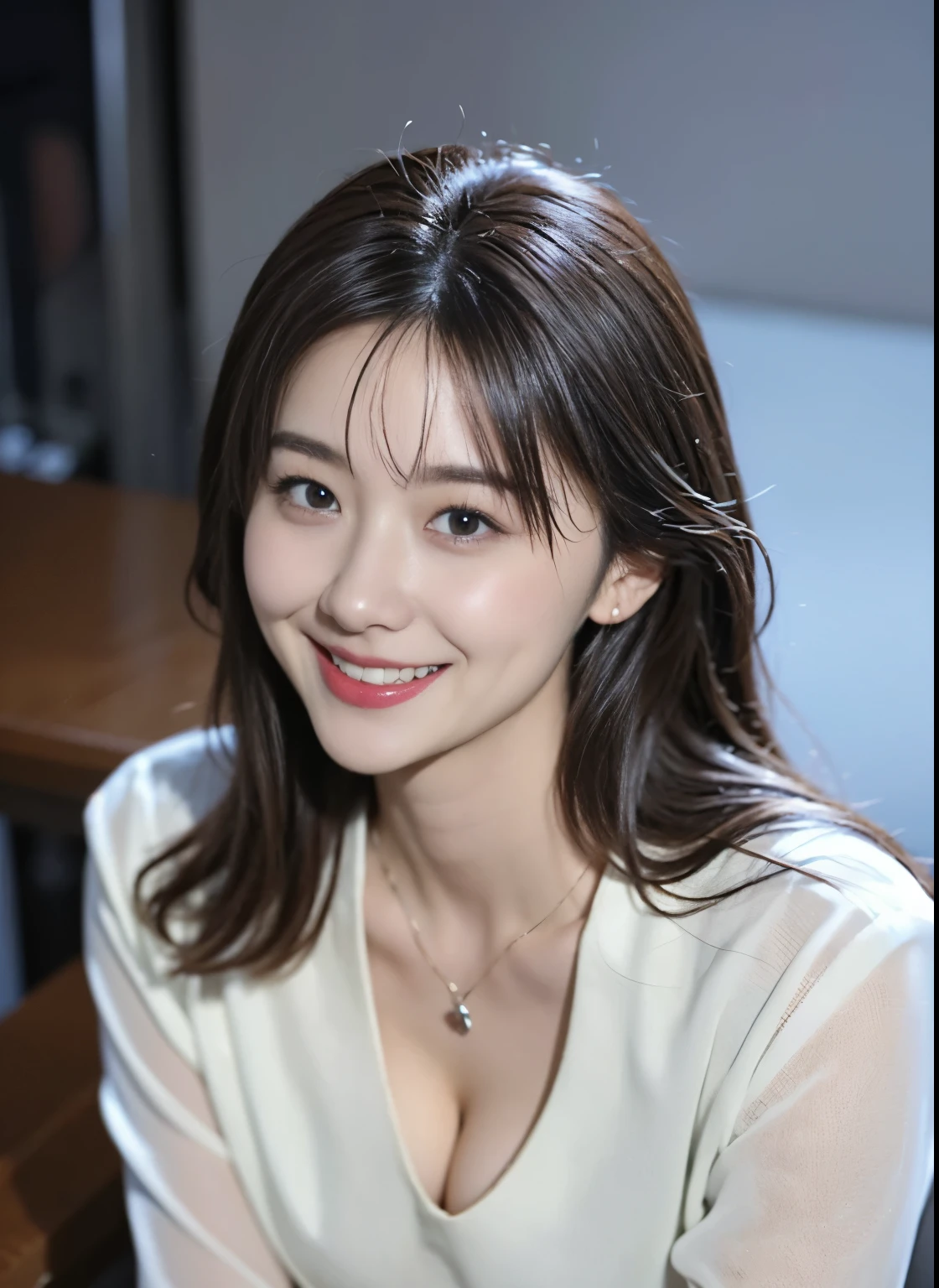 (8K, highest quality, masterpiece:1.2), (realistic, photo-realistic:1.37), Super detailed, 1 girl,cute, alone,beautiful and detailed sky,Detailed cafe,night,sitting,date,(blush your nose),(smile:1.15),(closed mouth) small breasts,beautiful and detailed eyes,(collared shirt:1.1), night, Wet,suit, rain,white lace, (medium hair:1.2),Floating hair NovaFrogStyle,(((black eye、Medium Size、cleavage, looking at viewer、from above, 笑顔、きれいな歯並び)))