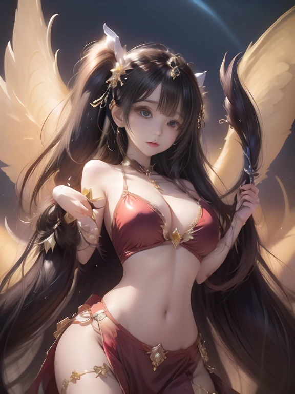 Create high-definition 8K. ((Featuring a girl and a western dragon)),3D CGI, fantasy artwork、The girl is facing forward with a serious expression, Bright blue eyes, highly detailed facial features. she is wearing a cloak, Small black armor with high contrast shine, toned abdominal muscles、toned thighs、long legs、Protected by armor up to the knees、Belly button look、navel piercing、((He has many golden accessories wrapped around his body.))、her hair is rendered in a very realistic manner、 The background is a castle,and set in a night sky filled with bright stars. Enhance fantasy elements、The huge Western dragon in the background has large symmetrical wings.。((The background of the princess is a Western dragon and a starry sky.))、(((The princess holds a large shining blue sword in her hand.)、The princess has a Western dragon at her side.))、
This artwork embodies the detailed anime art style, Similar to Artgerm&#39;s ArtStation and Pixiv works. (The girl is depicted as a Western dragon queen in the anime&#39;s fantasy world.), Combines elements of both anime and fantasy art, girl with big blue eyes、Western dragon protects the princess from behind、looking at the enemy with a sharp gaze、((A black western dragon with a short body, red eyes and thick tail is clearly visible in the background))、(nsfw:1.2), (cute pointed nipples), 