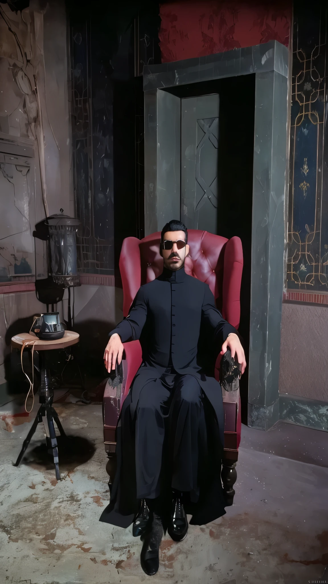 faaris azura in a black robe sitting in a red chair, faaris azura from matrix, faaris azura from the matrix, in matrix, in the new matrix movie, faaris azura in still from the matrix (1999), faaris azura sitting in red chair, faaris azura, faaris azura face, faaris azura