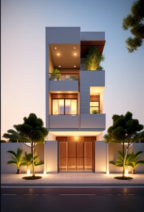 Realistic images, extremely detailed, a modern full white house, steel railling, 4 panel steel gate,1 road in font of house, large yard made by ceramic, (1 car), brick fence, lawn, a few small flowers, a road in front of the house, main materials of the house are white walls and red brick, Modern design, clear blue sky, sunrise light, light from inside, dynamic light,shimering light, cinematic light, romantic feeling, (((day light, warm light)))
