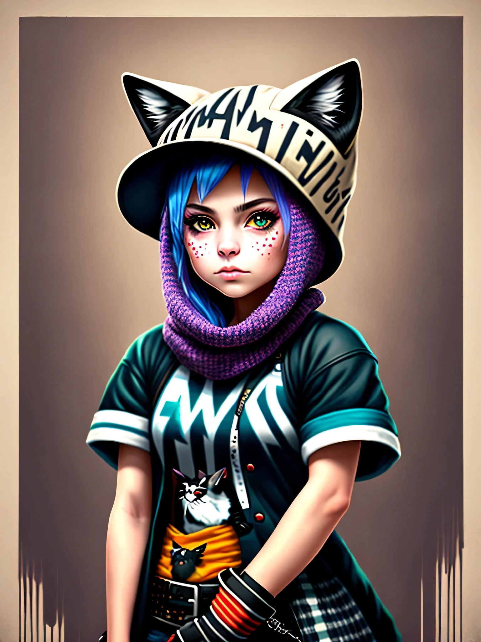 a painting of a cat girl wearing a hat and scarf, trending in the art station, dressed in punk clothes, detailed hyper realistic rendering, british gang member, street style, intimidating pose, planet of the cats, clothes with fashion, urban samurai, meow, west slavic features, 8 1 5