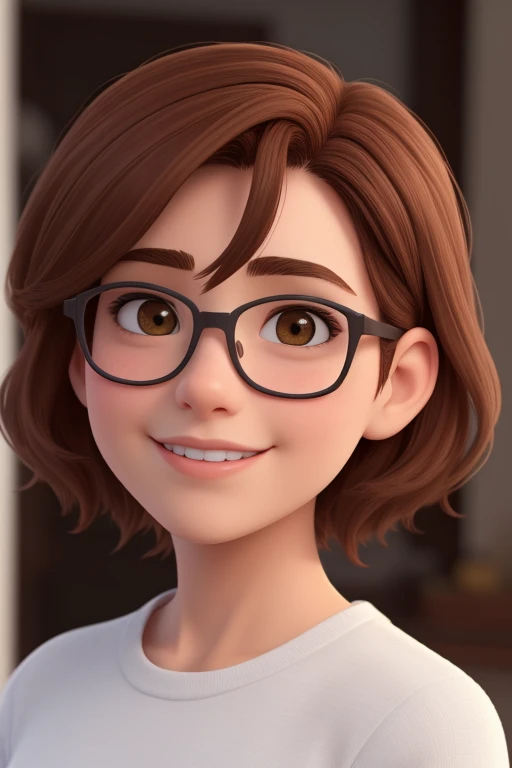 Uma mulher de 56 s, with medium brown hair, Rosto redondo, sorriso encantador, e olhos castanhos, wearing glasses.