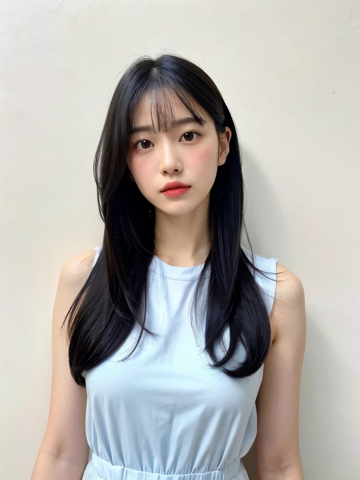See-through tops、巨乳、(背景にwhite wall、Part of her hair is sky blue:1.4)、white wall、Taken in front of the white door、(窓のあるwhite wallの部屋)、((highest quality、8K、masterpiece:1.3))、ultra high resolution、(photorealistic:1.4)、raw photos、Japanese,(details face)、real、Shot in natural light、Highly detailed face and skin texture、highly detailed lips、correct state of the human body、medium hair、black hair、various poses、natural color lip