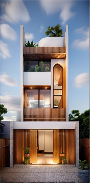 Exterior, morden house, main material about concrete, side wood, white, dynamic light, curve linear