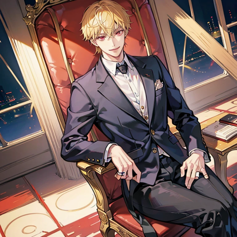 blonde anime guy sitting on a chair,red eyes, blazer, handsome anime pose, Blonde madman,grin,Nihilistic smile, Tall anime guy with red eyes, ring